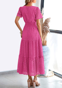 Short Sleeve V Neck Hollow Out Eyelet A Line Long Beach Maxi Dress