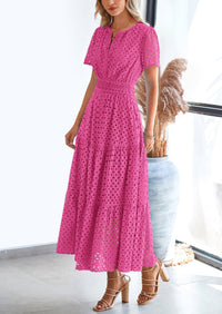Short Sleeve V Neck Hollow Out Eyelet A Line Long Beach Maxi Dress