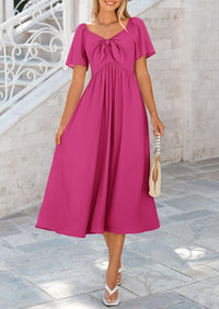 Casual Short Sleeve Bow Tie V Neck Ruffle Flowy Midi Dresses