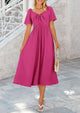 Casual Short Sleeve Bow Tie V Neck Ruffle Flowy Midi Dresses