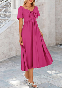 Casual Short Sleeve Bow Tie V Neck Ruffle Flowy Midi Dresses