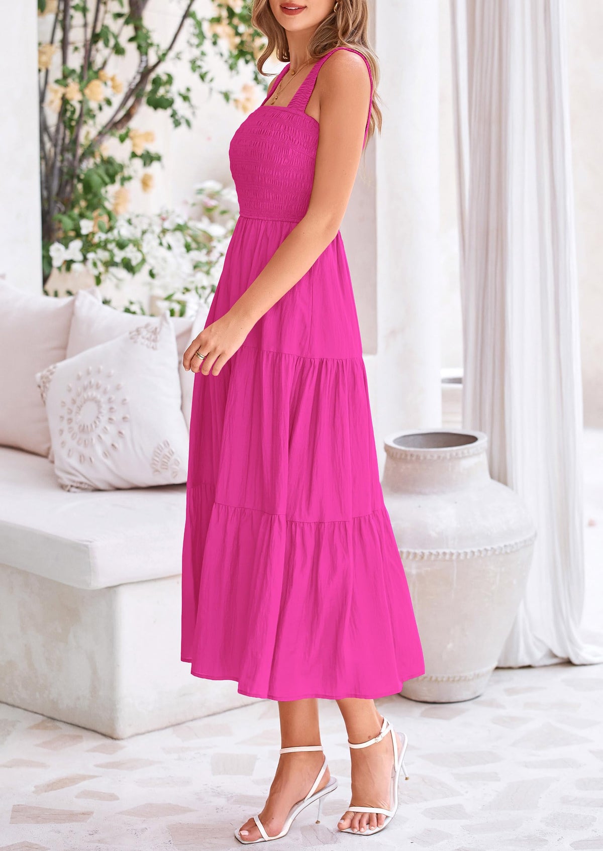 Smocked Ruffle A Line Long Flowy Sleeveless Beach Midi Dress