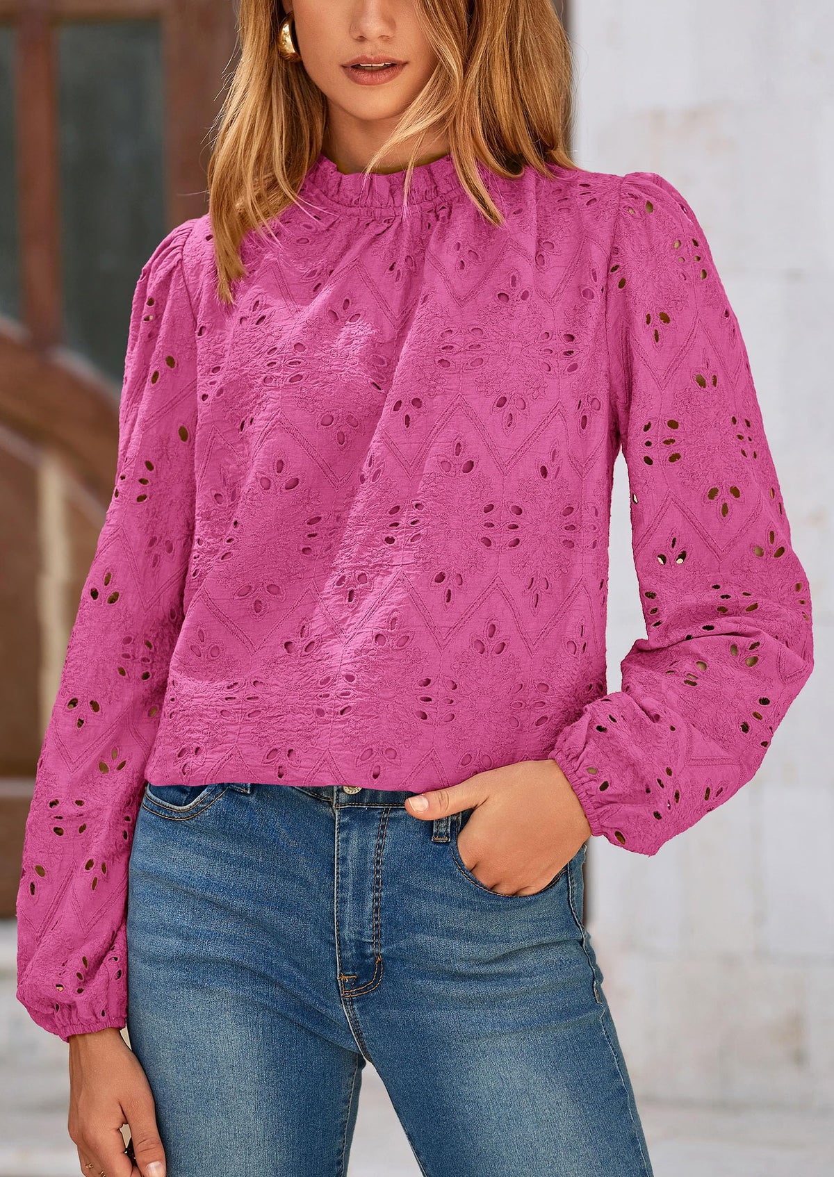 Casual Embroidered Long Puff Sleeve Ruffle Eyelet Lace Blouses