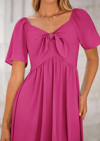 Casual Short Sleeve Bow Tie V Neck Ruffle Flowy Midi Dresses