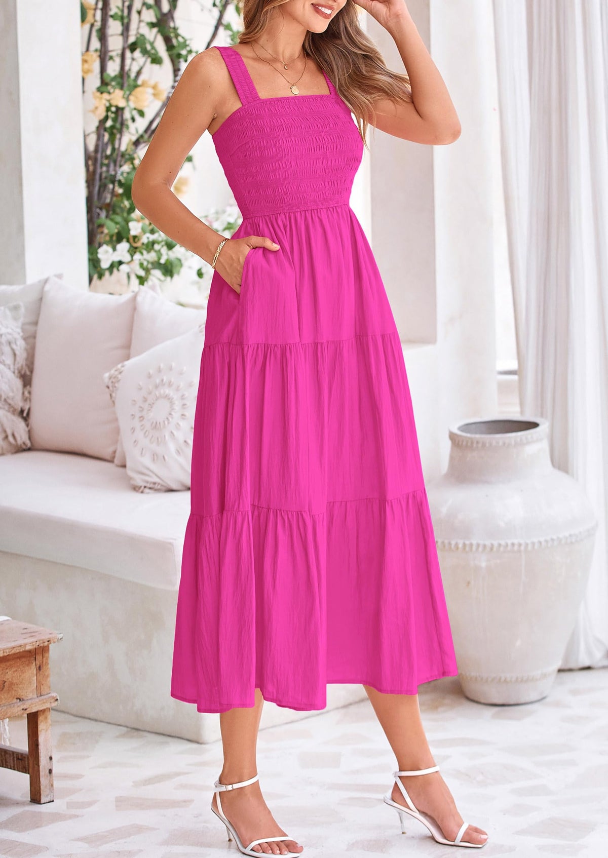 Smocked Ruffle A Line Long Flowy Sleeveless Beach Midi Dress