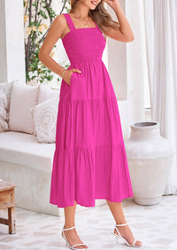 Smocked Ruffle A Line Long Flowy Sleeveless Beach Midi Dress