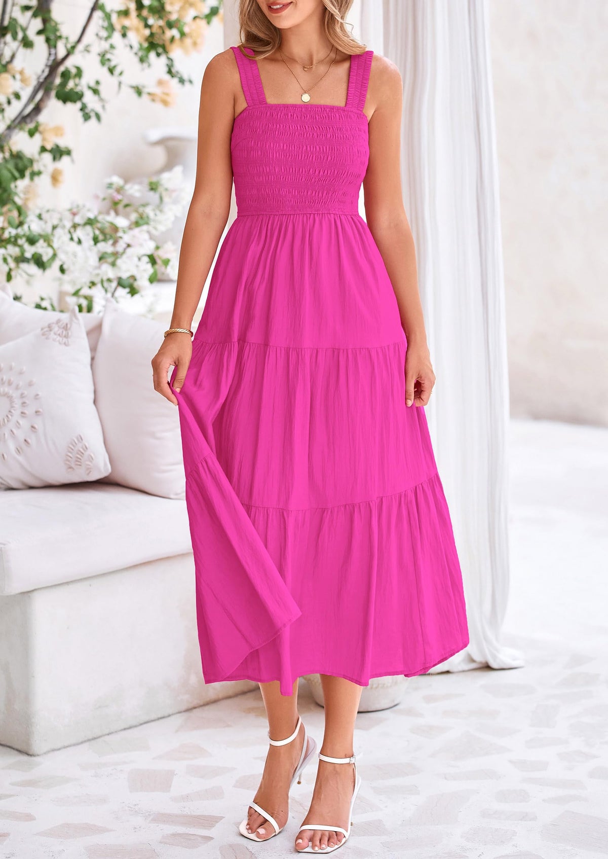 Smocked Ruffle A Line Long Flowy Sleeveless Beach Midi Dress