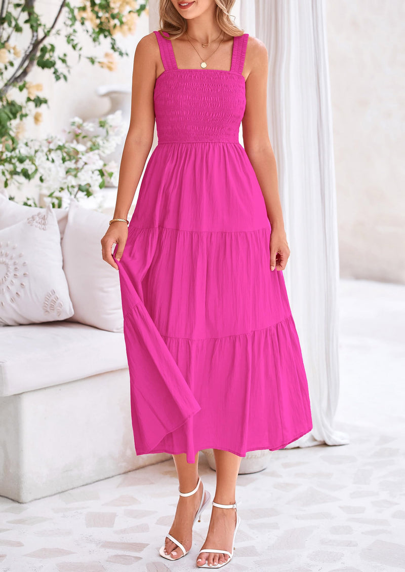 Prettygarden Women Summer Smocked Ruffle Sleeveless Beach Midi Dress