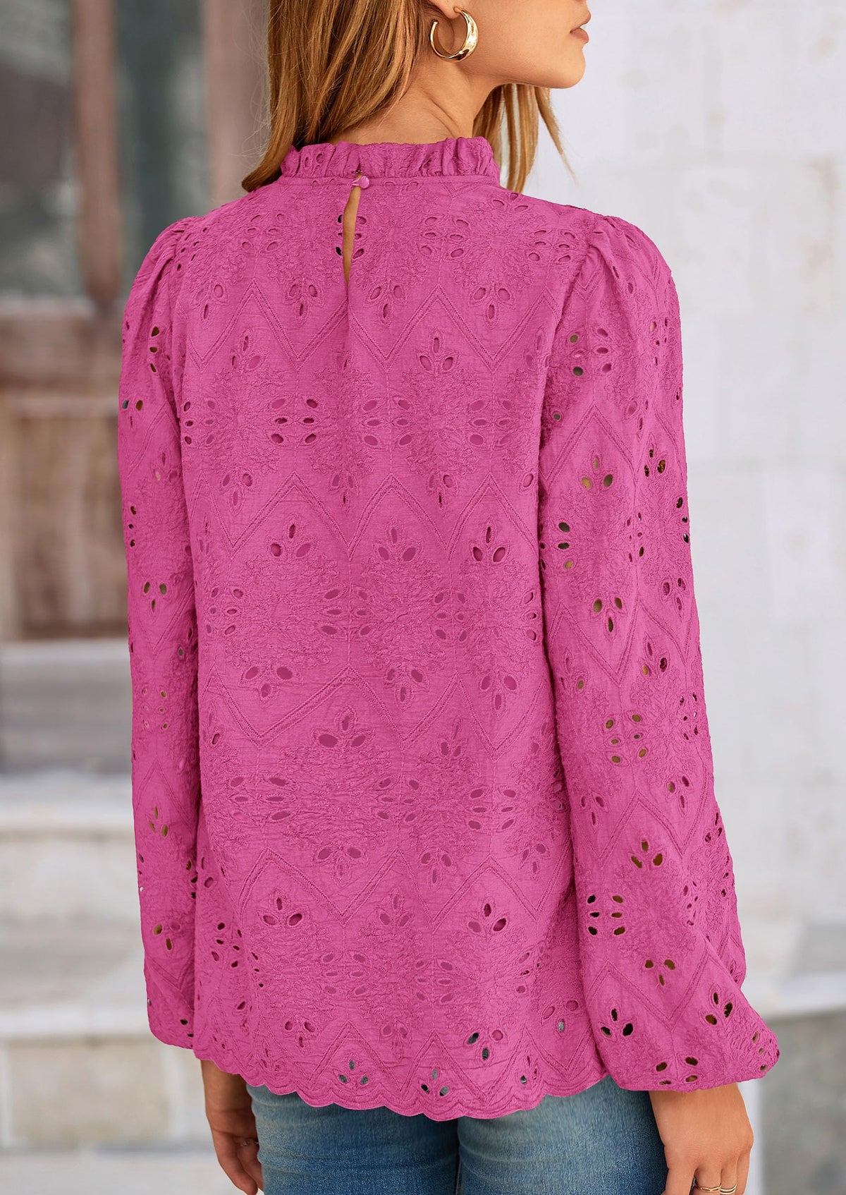 Casual Embroidered Long Puff Sleeve Ruffle Eyelet Lace Blouses
