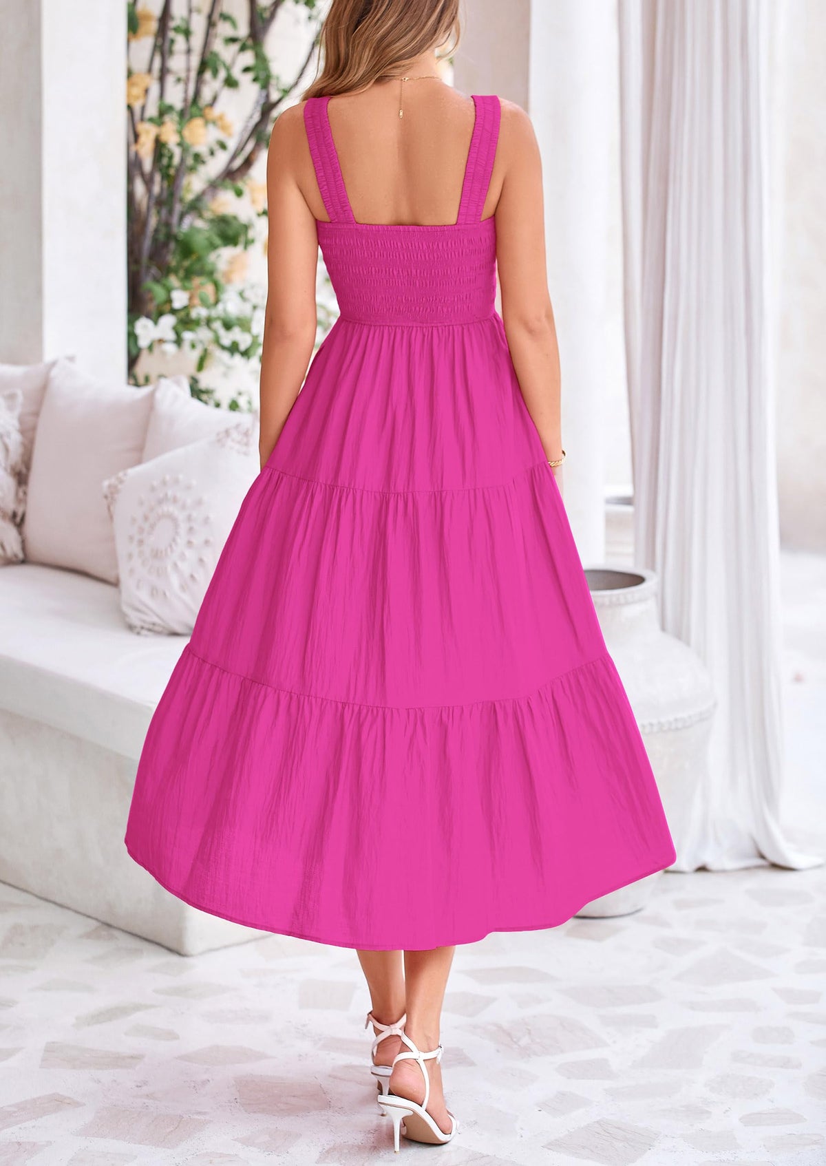 Smocked Ruffle A Line Long Flowy Sleeveless Beach Midi Dress