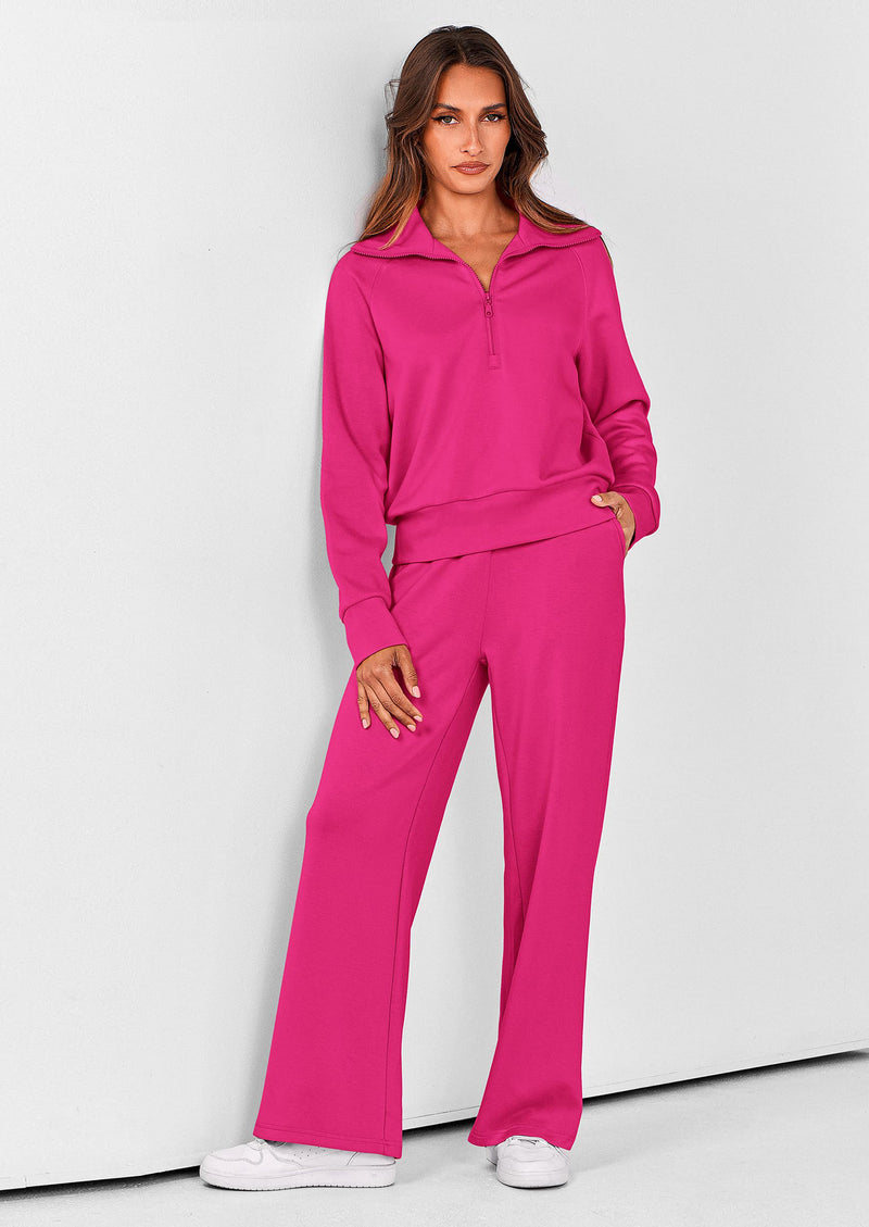 PRETTYGARDEN Women's 2 Piece Outfits Casual Lapel Half Zip Sweatshirts And Wide Leg Pants Tracksuit Sets
