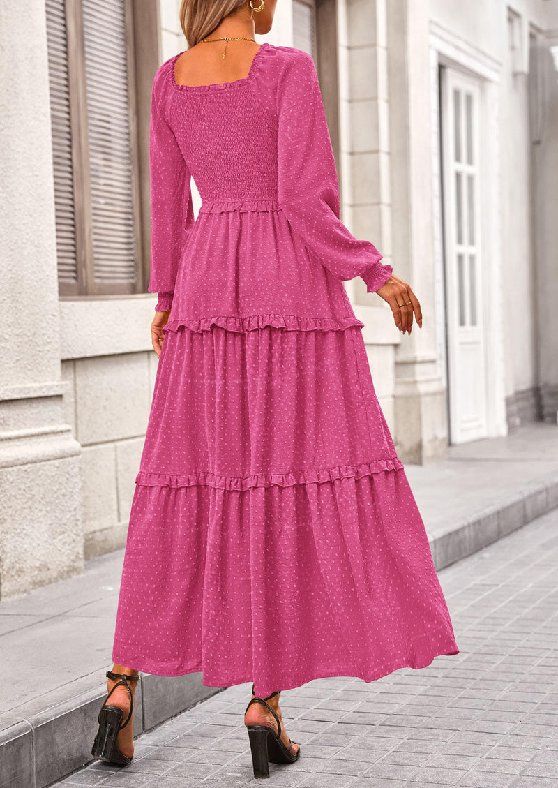 PRETTYGARDEN Women Fall Long Sleeve Smocked Maxi Dress Casual Square Neck Swiss Dot Tiered Ruffle Flowy Spring Pocket Dresses