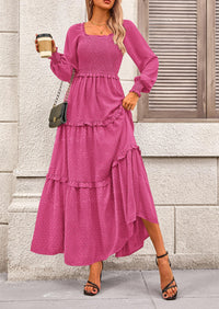 PRETTYGARDEN Women Fall Long Sleeve Smocked Maxi Dress Casual Square Neck Swiss Dot Tiered Ruffle Flowy Spring Pocket Dresses