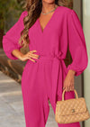 PRETTYGARDEN Women's Fall Jumpsuits Dressy Casual Pants Romper Spring Long Sleeve V Neck Belt Pockets One Piece Outfits