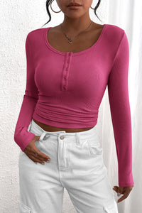 PRETTYGARDEN Women's Spring Fall Long Sleeve Henley T Shirts Button Ribbed Knit Slim Fit Casual Basic Tops Blouse