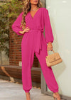 PRETTYGARDEN Women's Fall Jumpsuits Dressy Casual Pants Romper Spring Long Sleeve V Neck Belt Pockets One Piece Outfits
