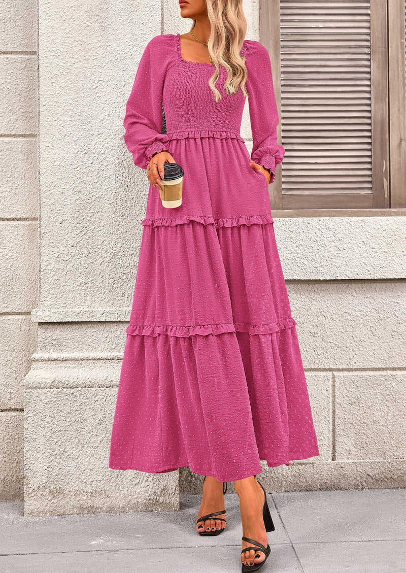 PRETTYGARDEN Women Fall Long Sleeve Smocked Maxi Dress Casual Square Neck Swiss Dot Tiered Ruffle Flowy Spring Pocket Dresses