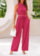 Ribbed Knit Sleeveless Crop Tank Tops Wide Leg Casual Pants Two Piece Sets