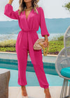 PRETTYGARDEN Women's Fall Jumpsuits Dressy Casual Pants Romper Spring Long Sleeve V Neck Belt Pockets One Piece Outfits