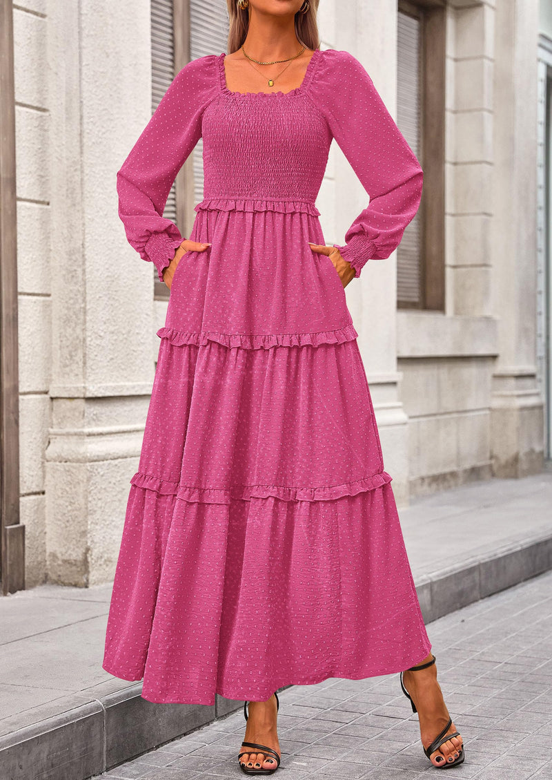 PRETTYGARDEN Women Fall Long Sleeve Smocked Maxi Dress Casual Square Neck Swiss Dot Tiered Ruffle Flowy Spring Pocket Dresses