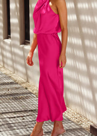 Satin sleeveless stand up collar party long dress