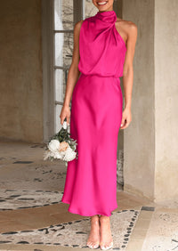 Satin sleeveless stand up collar party long dress