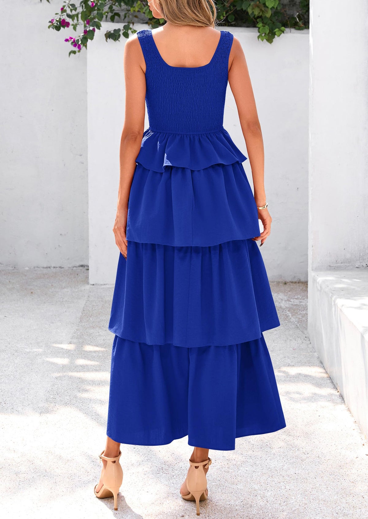 Sleeveless Scoop Neck Smocked A Line Tiered Beach Midi Dress