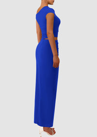 One Shoulder Sleeveless Ruched Slit Bodycon Two Piece Skirt Set