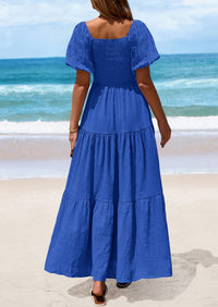 Puff Short Sleeve Square Neck Smocked Tiered Ruffle A Line Flowy Beach Maxi Dresses
