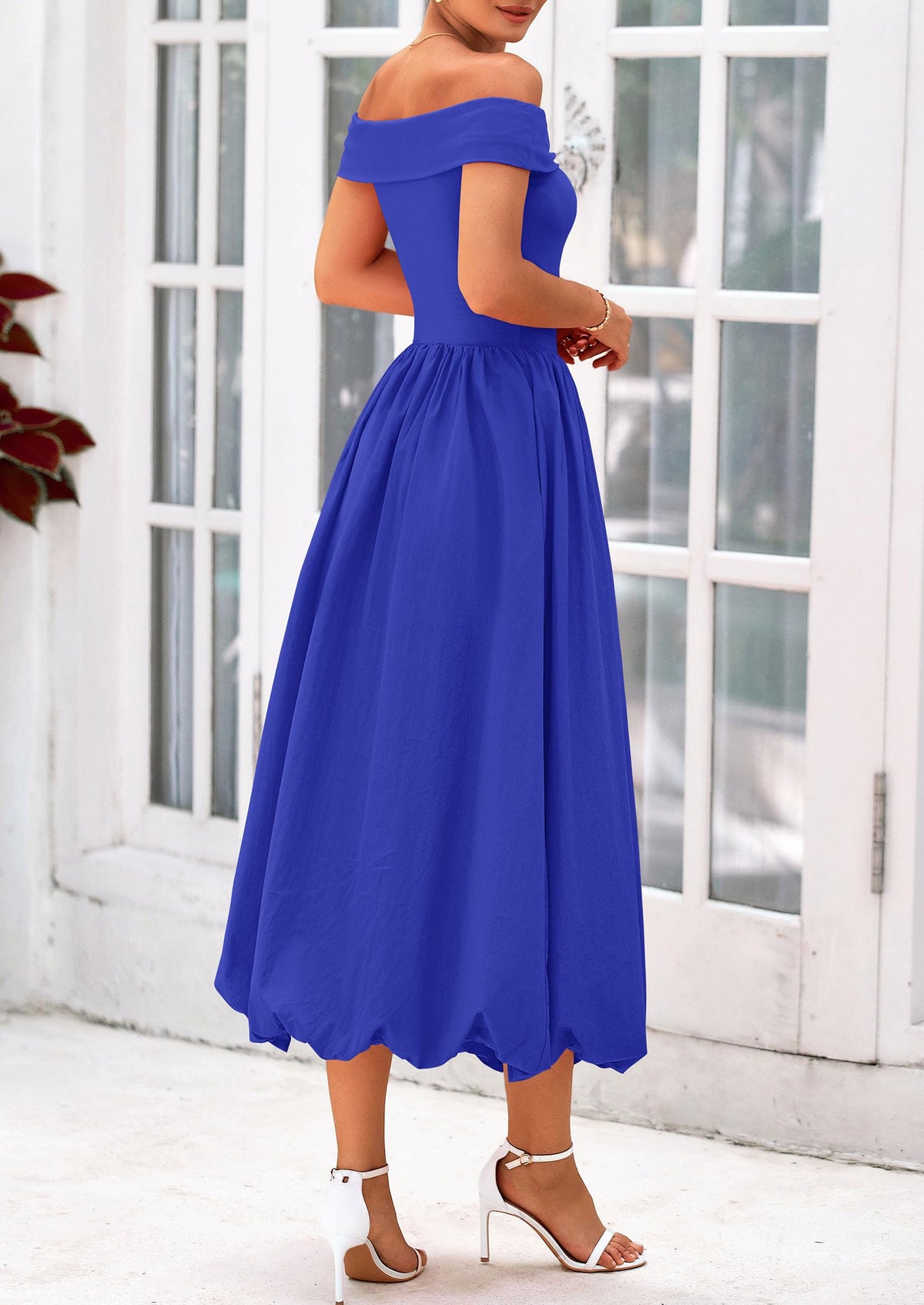 Off Shoulder Sleeveless A Line Midi Dress with Pockets