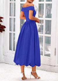 Off Shoulder Sleeveless A Line Midi Dress with Pockets