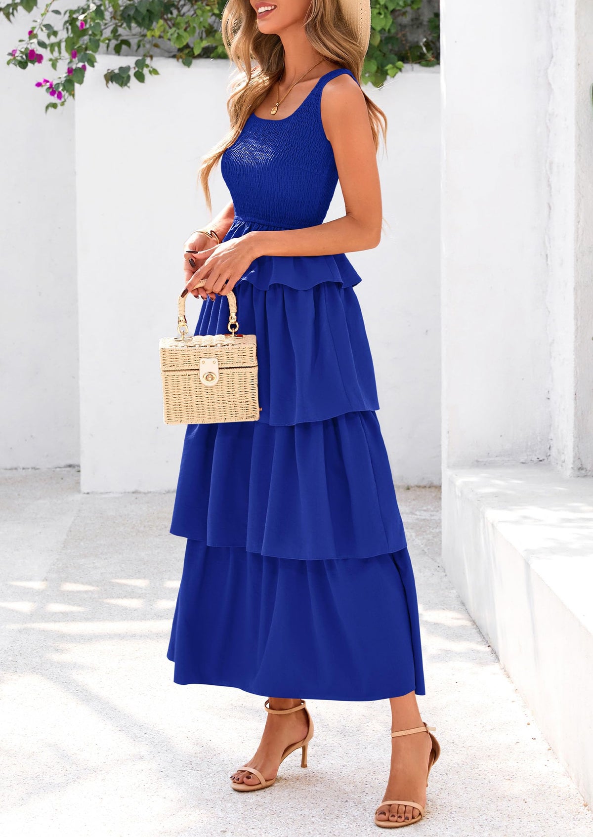 Sleeveless Scoop Neck Smocked A Line Tiered Beach Midi Dress