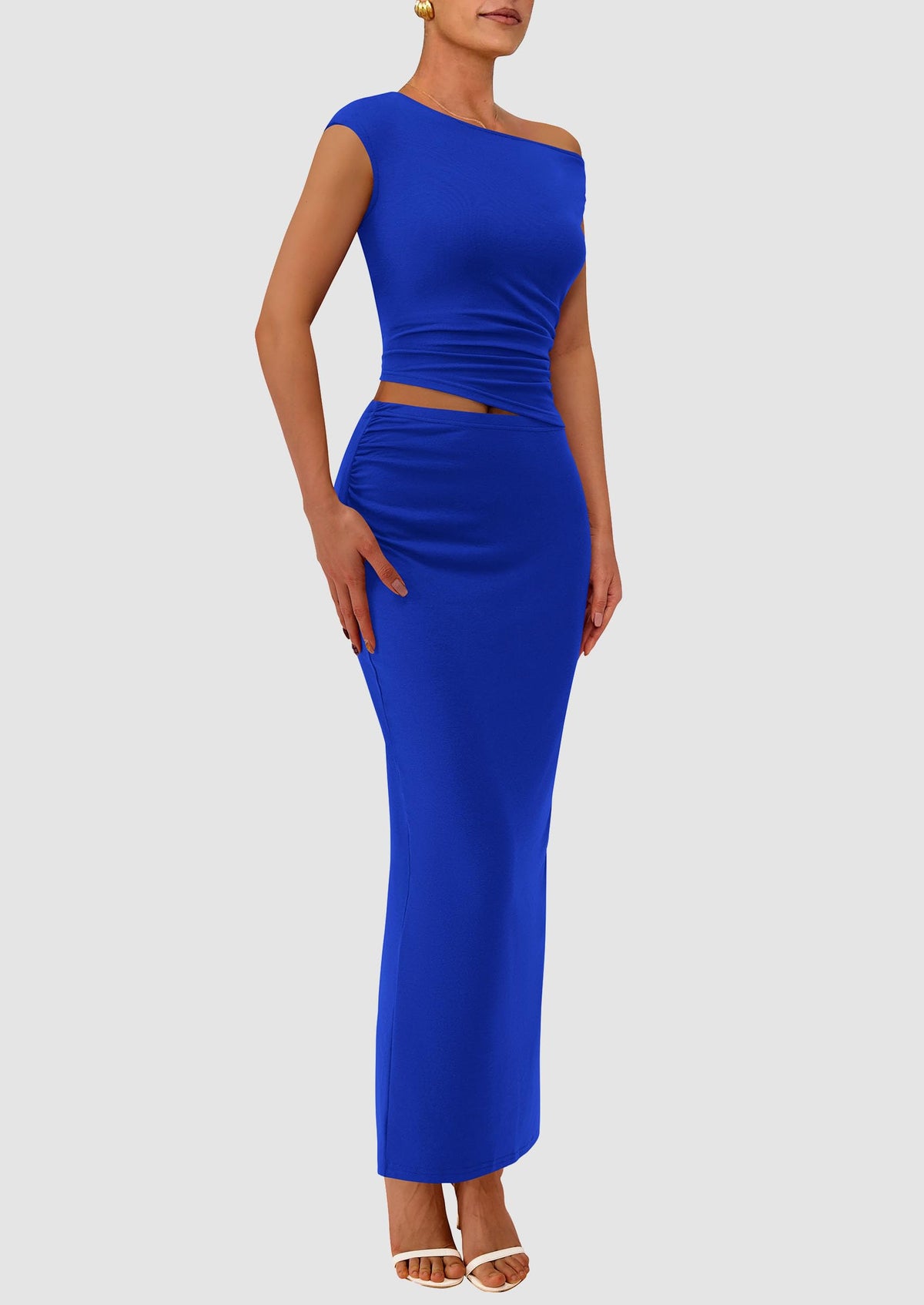One Shoulder Sleeveless Ruched Slit Bodycon Two Piece Skirt Set