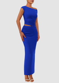 One Shoulder Sleeveless Ruched Slit Bodycon Two Piece Skirt Set