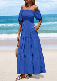 Puff Short Sleeve Square Neck Smocked Tiered Ruffle A Line Flowy Beach Maxi Dresses