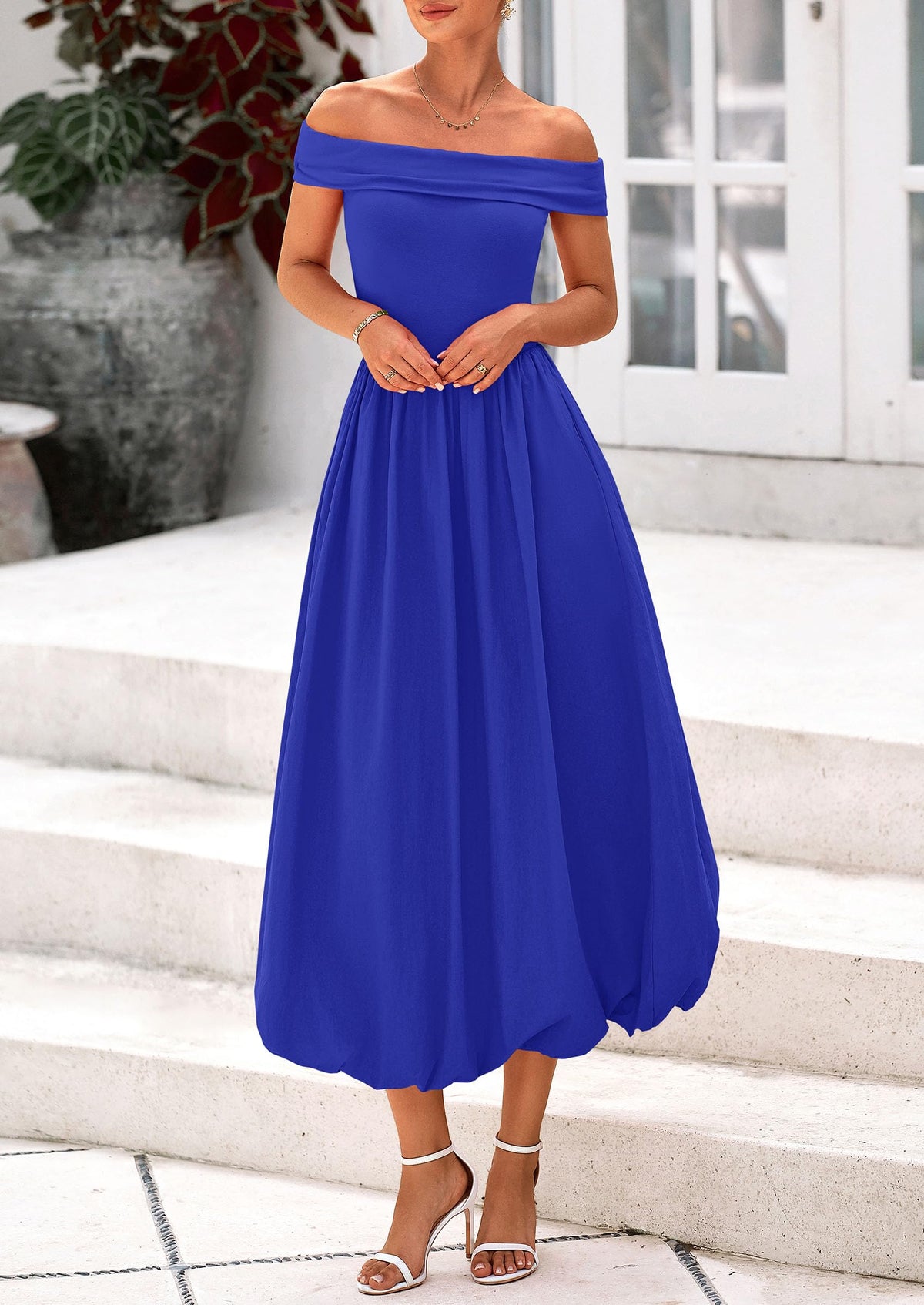 Off Shoulder Sleeveless A Line Midi Dress with Pockets