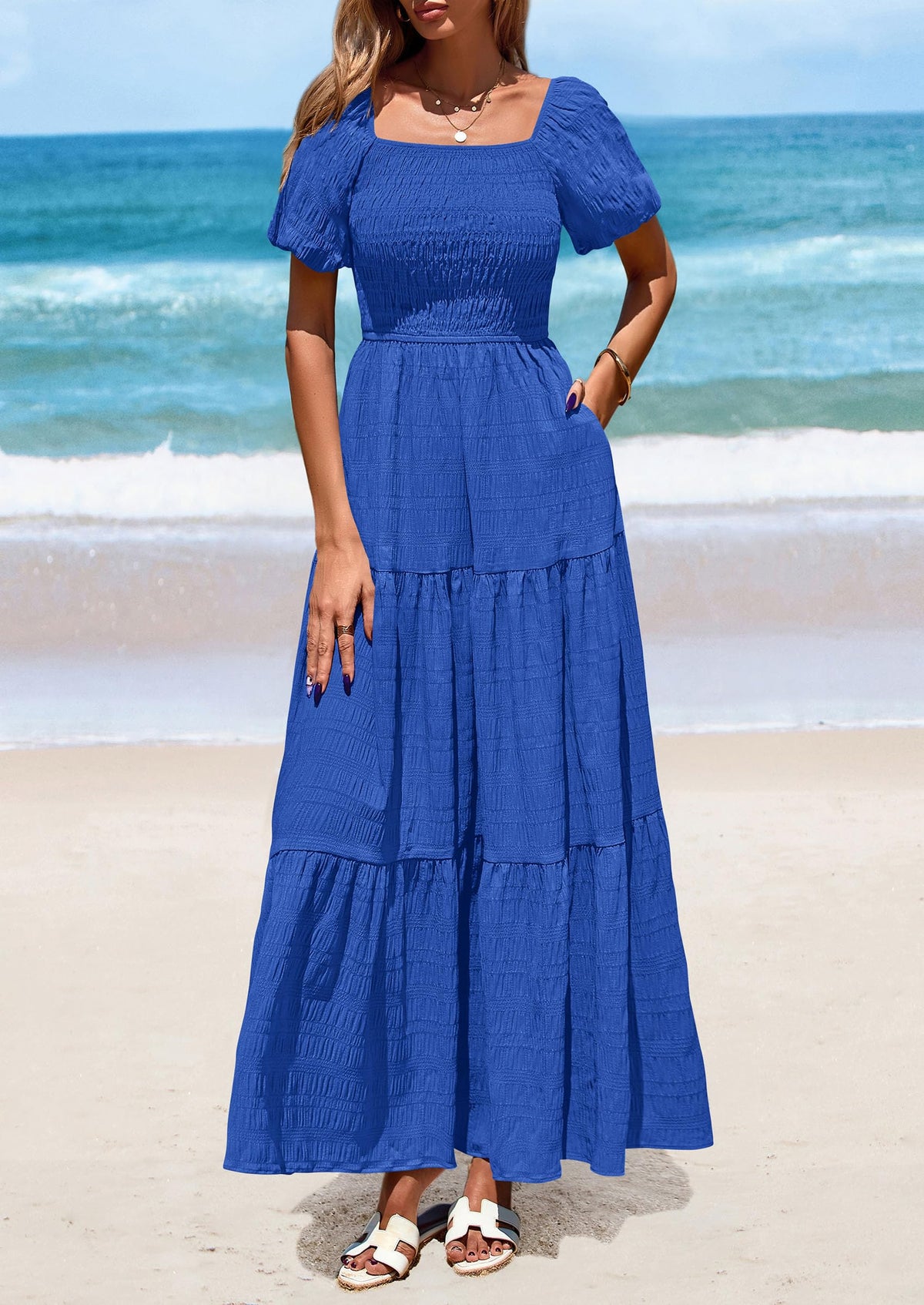 Puff Short Sleeve Square Neck Smocked Tiered Ruffle A Line Flowy Beach Maxi Dresses