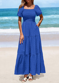 Puff Short Sleeve Square Neck Smocked Tiered Ruffle A Line Flowy Beach Maxi Dresses