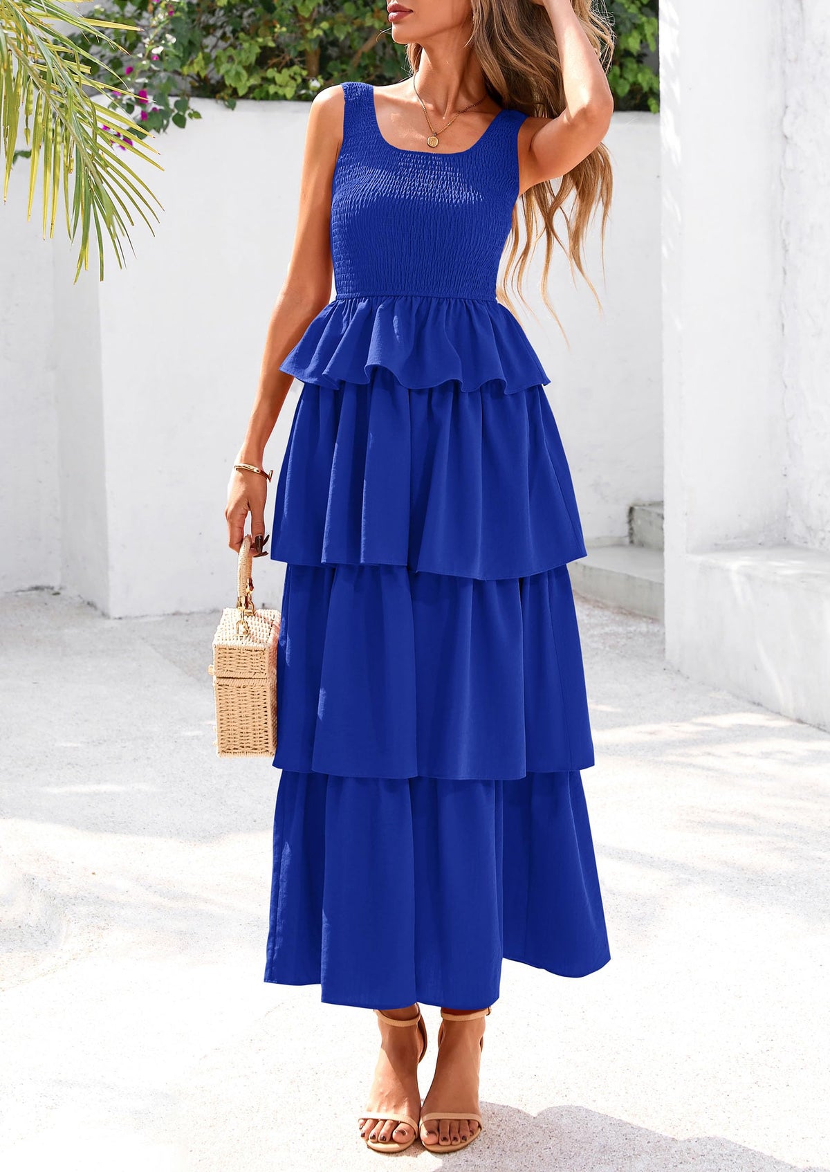 Sleeveless Scoop Neck Smocked A Line Tiered Beach Midi Dress