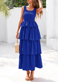 Sleeveless Scoop Neck Smocked A Line Tiered Beach Midi Dress