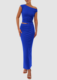 One Shoulder Sleeveless Ruched Slit Bodycon Two Piece Skirt Set