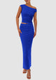 One Shoulder Sleeveless Ruched Slit Bodycon Two Piece Skirt Set