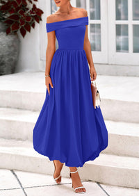 Off Shoulder Sleeveless A Line Midi Dress with Pockets