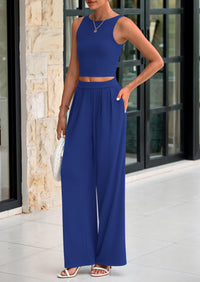 PRETTYGARDEN Two Piece Sets Ribbed Knit Crew Neck Sleeveless Tank Tops Wide Leg Pants Casual Lounge Set