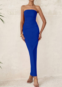 Strapless Tube Bodycon Ruched Slit Maxi Dresses