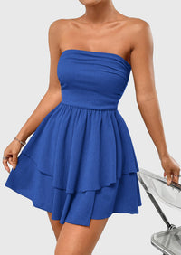 Strapless Tube  Off Shoulder Smocked Ruffle A Line Mini Dress