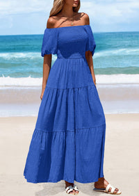 Puff Short Sleeve Square Neck Smocked Tiered Ruffle A Line Flowy Beach Maxi Dresses