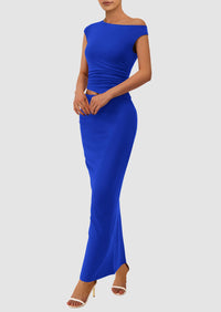 One Shoulder Sleeveless Ruched Slit Bodycon Two Piece Skirt Set