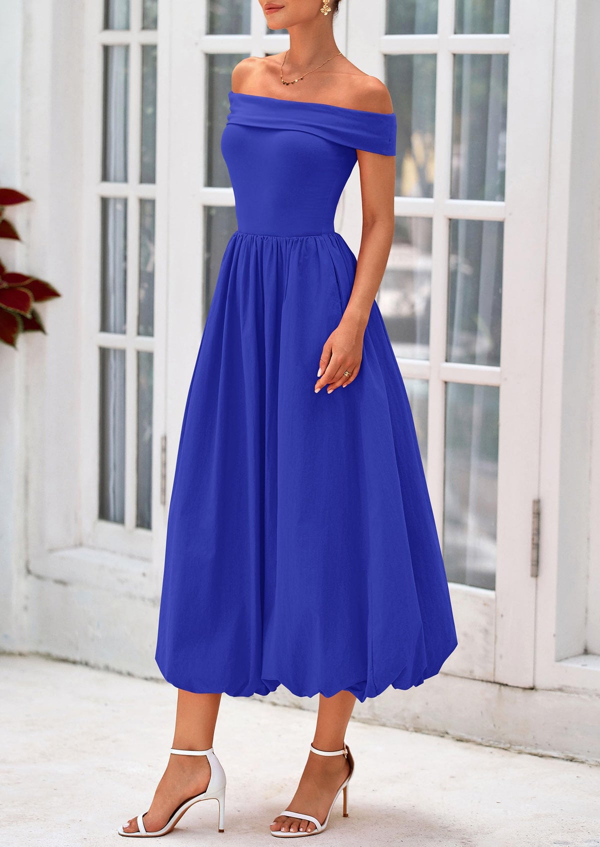 Off Shoulder Sleeveless A Line Midi Dress with Pockets