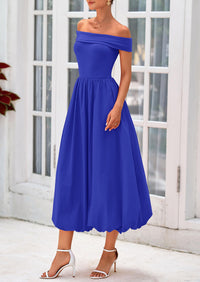 Off Shoulder Sleeveless A Line Midi Dress with Pockets